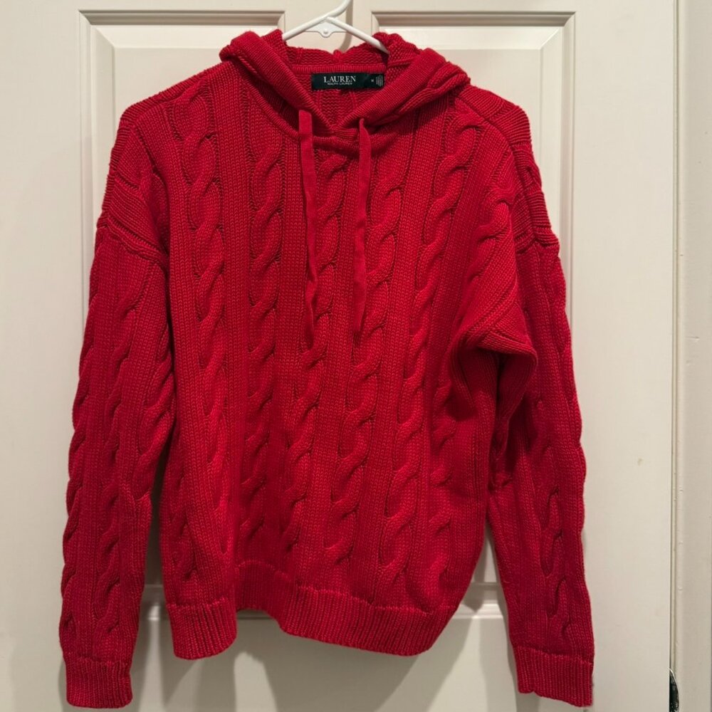 Lauren Ralph Lauren Women's Cable Knit Hoodie Sweater Red M